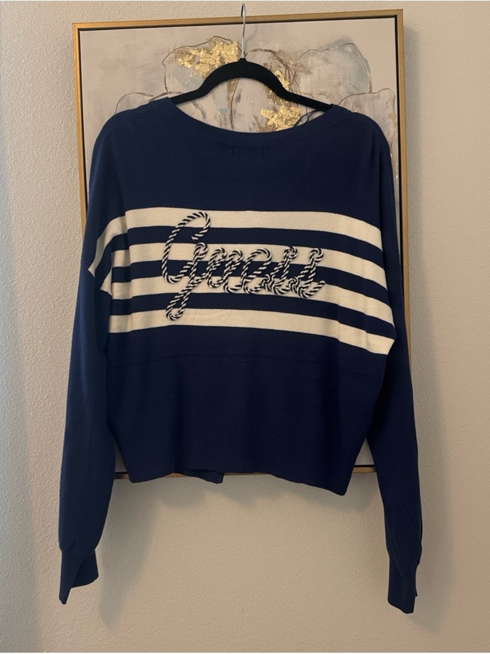 Navy and Cream Striped Women's Sweater with Script Logo cardigan guess brand new